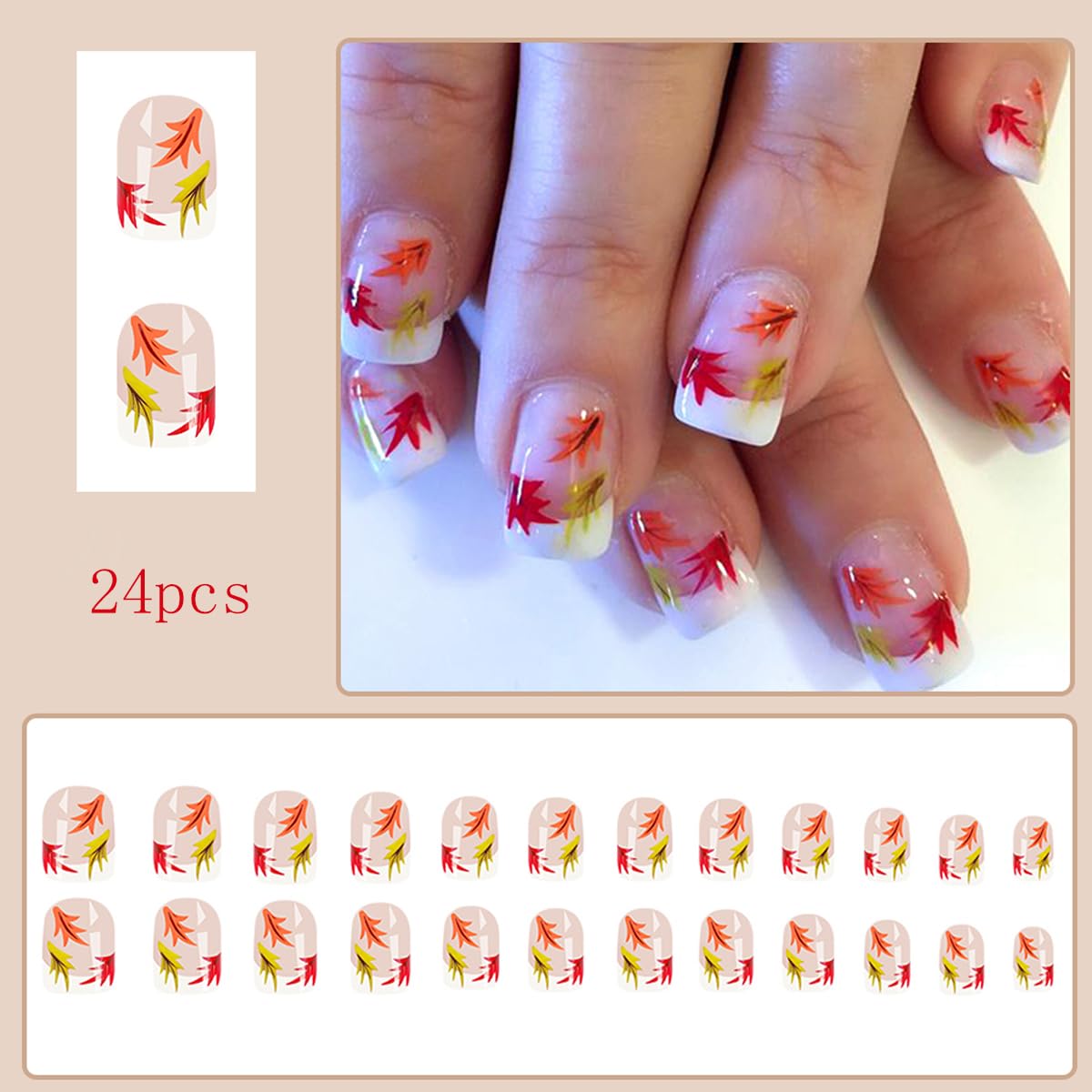 Fall Short Square French Tip Press on Nails with Leaves Design,Glossy Maple Leaf False Nails Glue on Nails,Autumn Winter Manicure Art Acrylic White Stick on Nails Fake Nail Tips for Women Thanksgiving - Image 5
