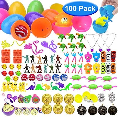 Kids Easter Party Favors 100 Pack Filled Easter Eggs, Prefilled Plastic Surprise Eggs with 18 Kinds of Popular Toys Inside, Great for Easter Egg Hunt Basket Stuffer Party Game for Girl Boy Easter Gift