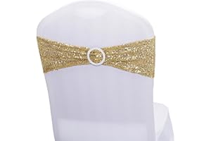 Dimatic 25 PCS Stretch Sequin Chair Sashes Chair Stretchy Spandex Bands for Wedding Reception Events Banquets Chairs Decoration (Gold)
