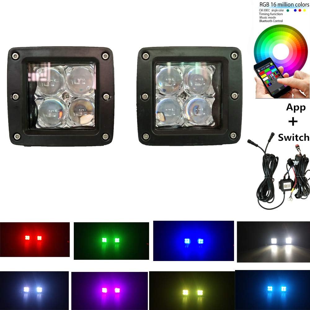 Shining Light Bar 3x3Inch 20w 5D RGB Led Light Pods Bluetooth App &Switch Control Music Mode 8 Solid Colors Changing 300 Flashing Modes Strobe Led Fog Light for Offroad Truck free Wire Harness