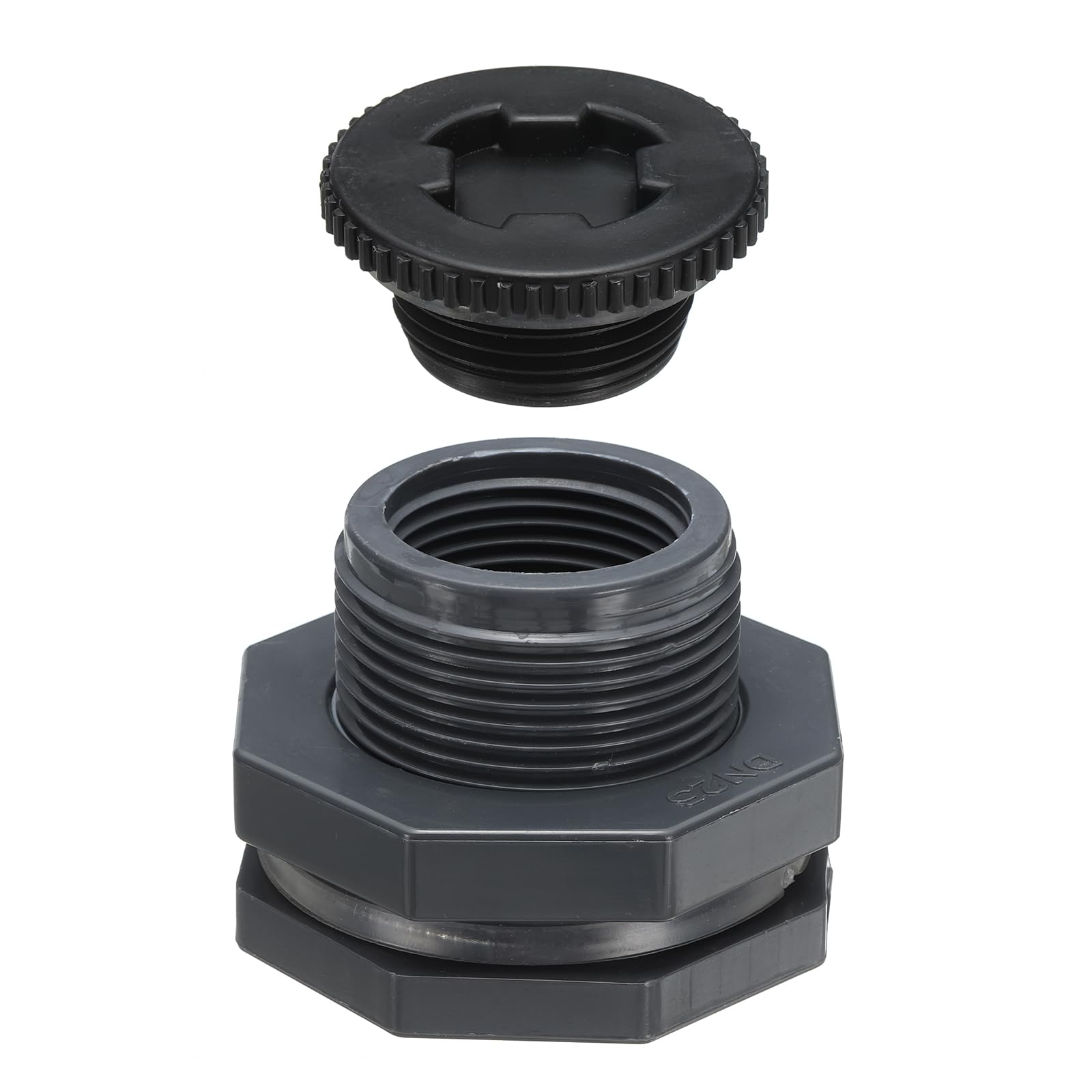 PATIKIL PVC Bulkhead Fitting with Plug G 1, Double Threaded Bulkhead Water Tank Connector with PVC Seal Gasket for Rain Bucket, Sinks, Aquariums, Grey