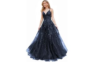 PEIYJYUSP Glitter Tulle Prom Dresses Long Ball Gown Lace Appliques V Neck Prom Dress for Women Formal Evening Party Gown
