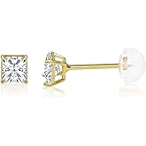 14K Gold Square Solitaire Princess Cut Cubic Zirconia CZ Stud Push Back Earrings in Yellow OR White (Various Sizes)