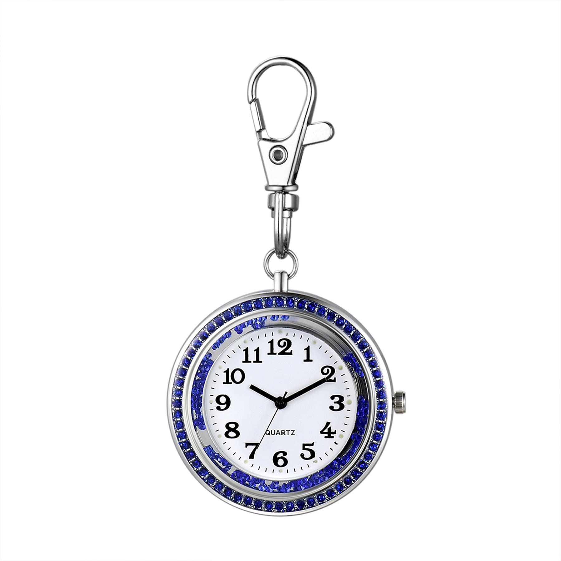 JewelryWe Key Chain Watch Rhinestone Round Quartz Pocket Watch FOB Clip-on Belt Watch Novelty Key Ring Watches for Men Women