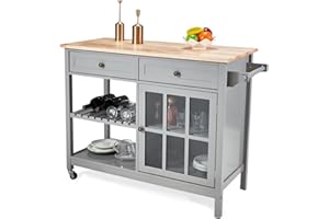 AVAWING Rolling Kitchen Island Cart with Storage, 42" Width Kitchen Cart w/ 2 Wheels, Coffee Cart with Drawers & Openshelves & Glass Cabinet & Towel Rack, Portable Islands, Grey