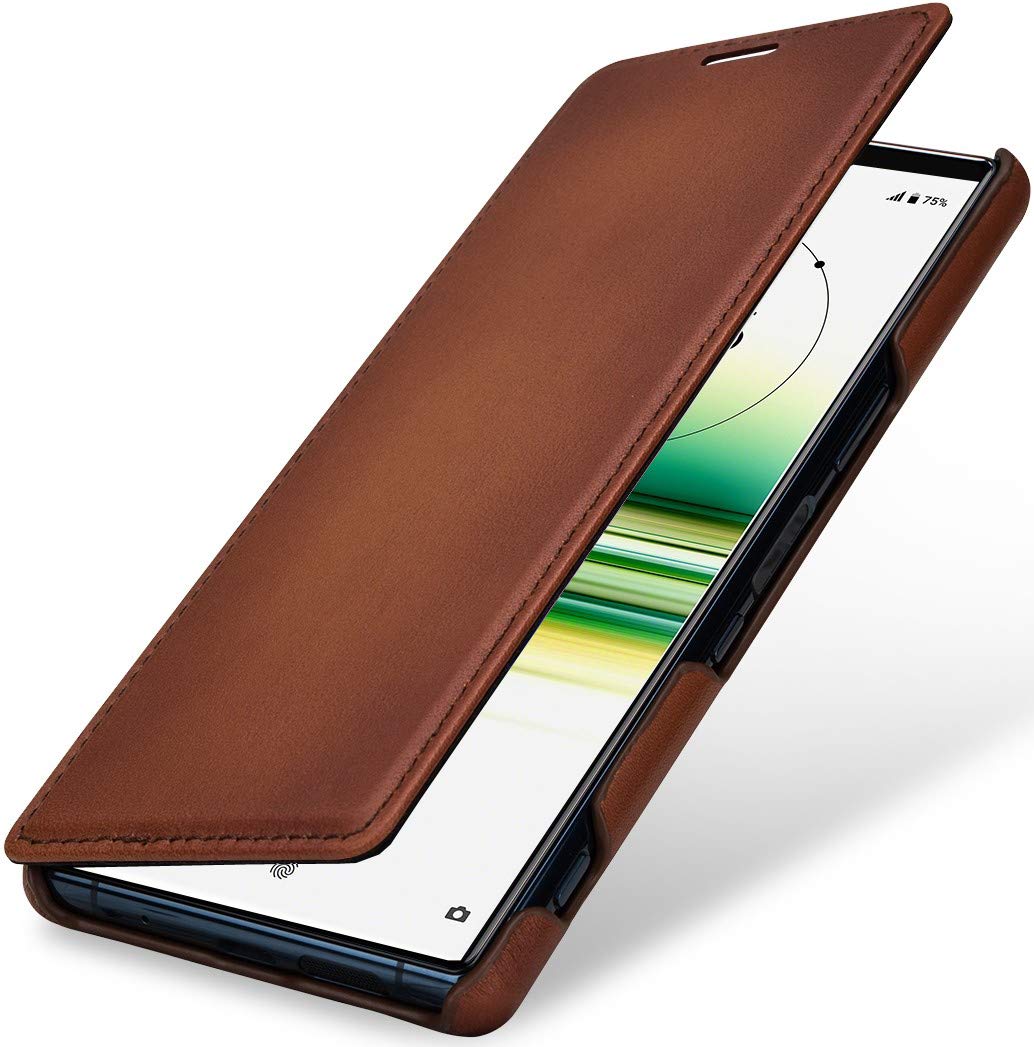 StilGut Phone Case Compatible with Sony Xperia 5 II Genuine Leather Case and Side Flap Cognac