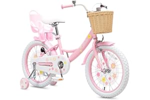 Bixike Girls Bike with Basket for Toddlers and Kids Aged 3-14 Years Old,14 16 18 Inch with Training Wheels,20 Inch Without Training Wheels, Princess Style Bicycle with Doll Seat & Daisy Prints