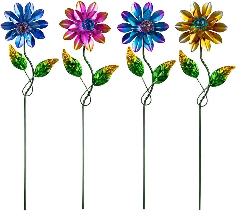Decorative Garden Stakes - Venniy 4 Pack Flower Garden Stakes, Outdoor Decorations Metal Yard Art Garden Stakes for Patio Yard Porch Garden Decor