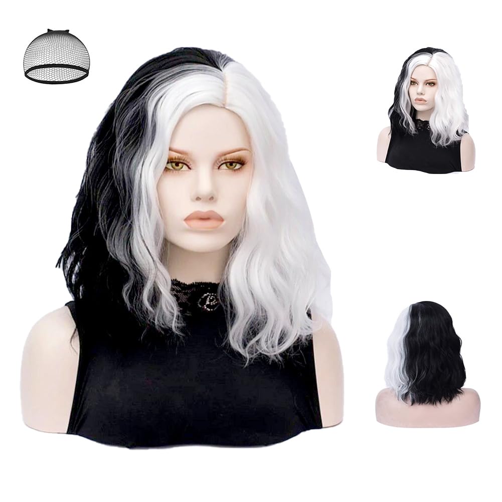 Aomig Black and White Wig - Medium Long Curly Wavy Bob Wig with Hairnet, Half Black Half White, Women Cosplay Fancy Dress Synthetic Carnival Party Costume