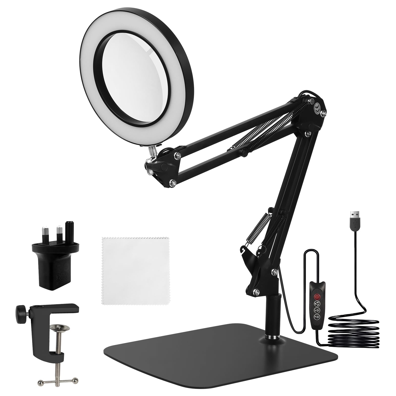 10X Magnifying LED Desk Lamp with Base & Clamp, Magnifying Glass with Light, 3 Color Modes Lighted Magnifier Lamp, Adjustable Arm 4.13" Diameter Glass Magnifying Glasses for Reading, Hobbies (Black)