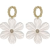 MALOYANVE White Flower Earrings for Women Chic Bohemian Acrylic Flower Rose Petal Dangle Drop Crystal Floral Flower Bud Earrings Statement Exaggerated Earrings Jewelry Gifts