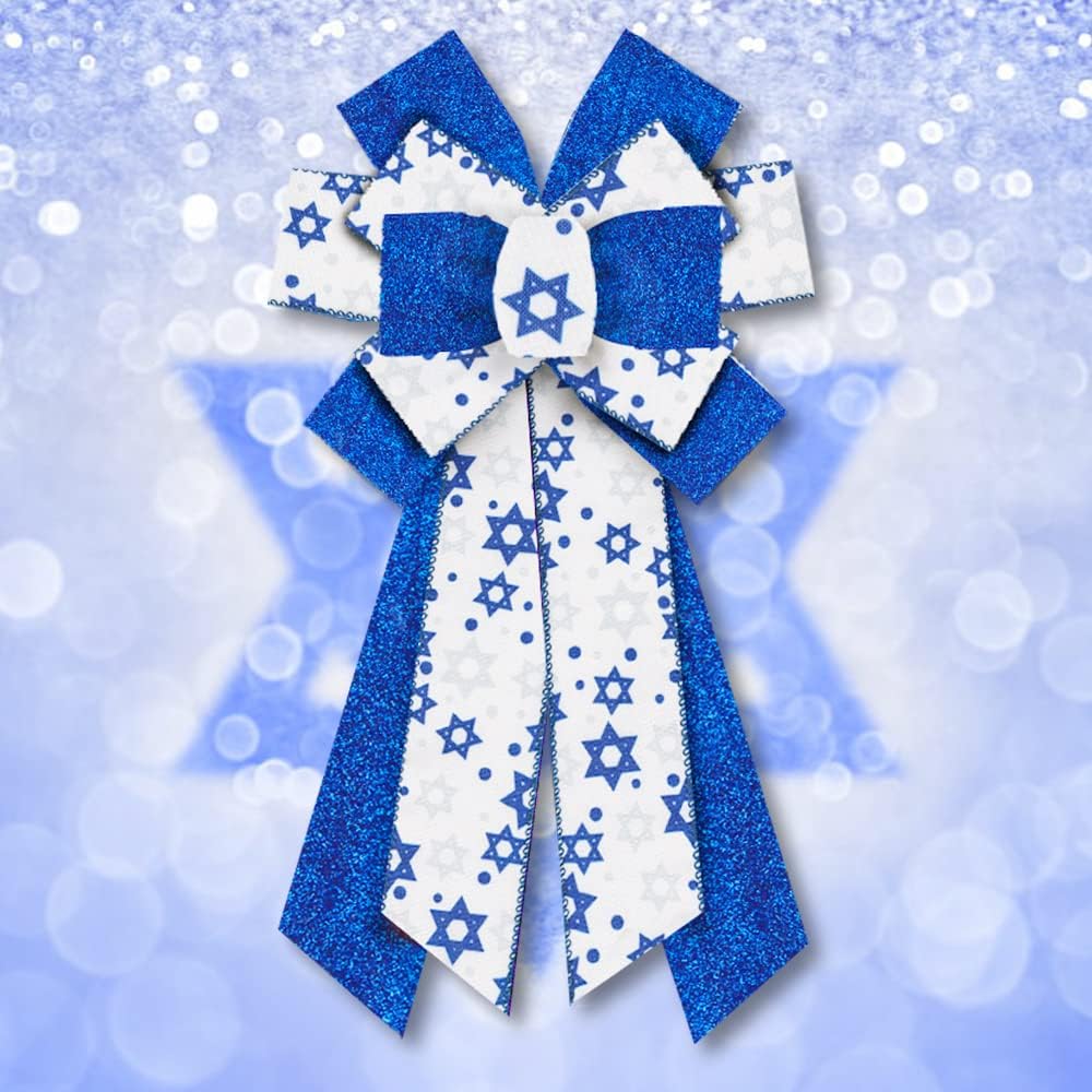 Bows & Ribbons - Estivaux Large Hanukkah Bows for Wreath, Hanukkah Wreath Bows Blue Stars Bows Jewish Christmas Ornament Star of David Tree Topper Bows for Front Door Hanukkah Chanukah Party Decorations