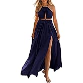 BTFBM Women Halter Summer Dresses 2026 Sleeveless Cutout Backless Sundress Slit Boho Maxi Beach Wedding Guest Dress