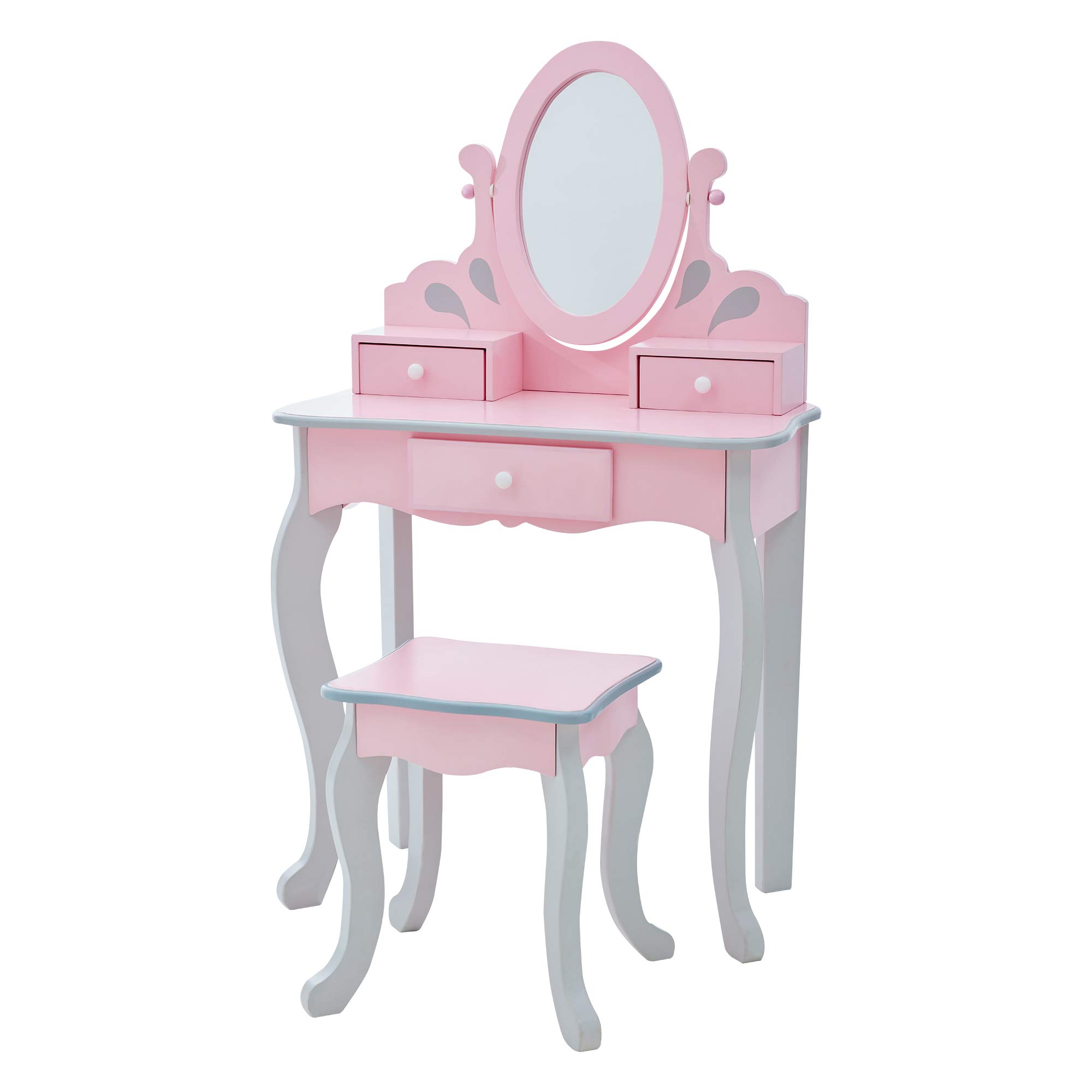 Teamson Kids Princess Rapunzel Wooden 2-pc. Play Vanity Set With Three Storage Drawers, Rotating Oval Mirror and Matching Stool to Play Dress-Up, Princess or Beauty Salon, Pink and Grey