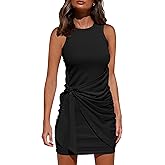 BTFBM Women's 2026 Summer T Shirt Dress Casual Sleeveless Wrap Bodycon Ruched T Shirt Spring Dress Tie Waist Mini Dresses