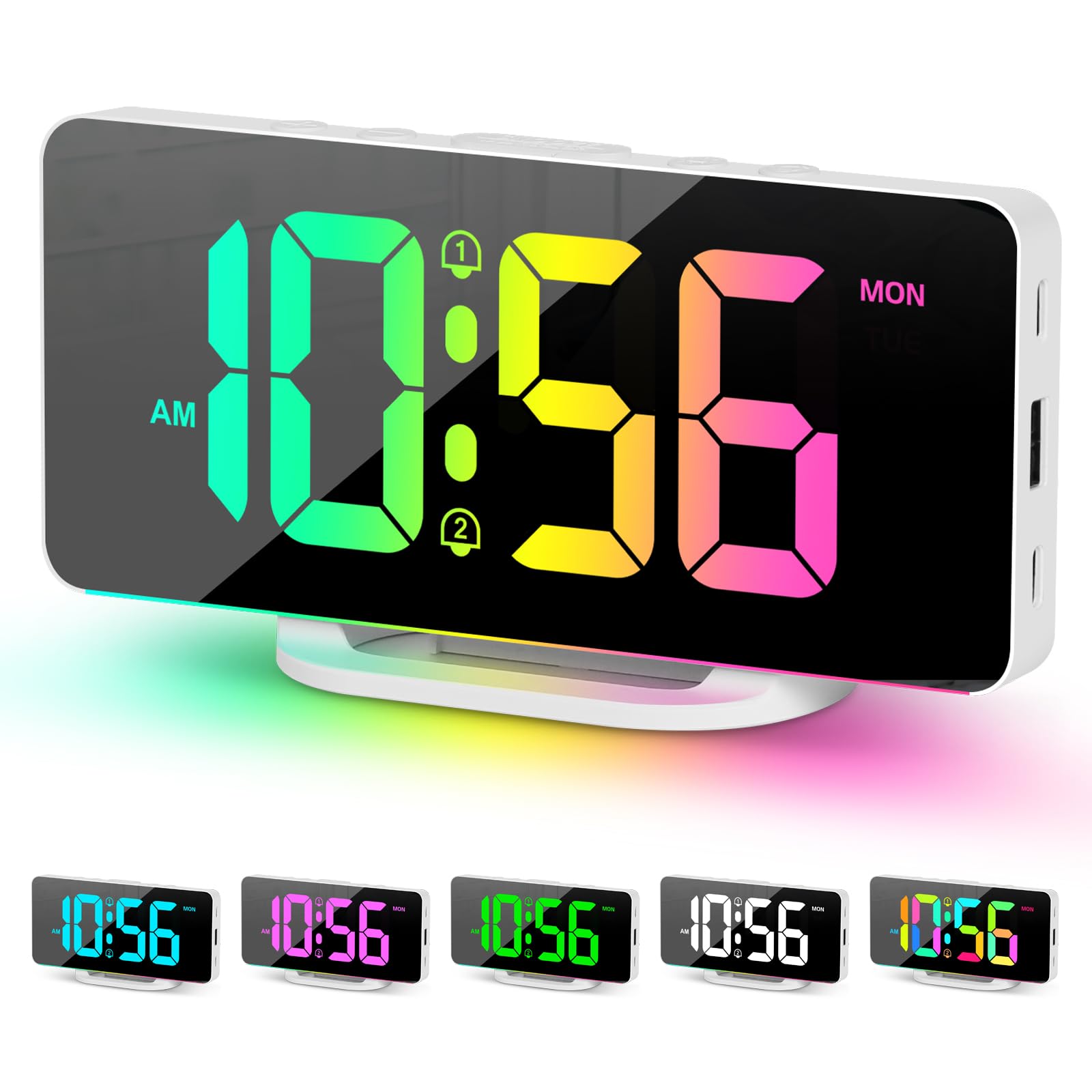 Hournor Digital Alarm Clock, LED Digital Clock for Bedrooms with 10 Color Changing Night Light, Adjustable Brightness, USB Charging Port, Bedside and Desk Clocks for Living Room Office (White)