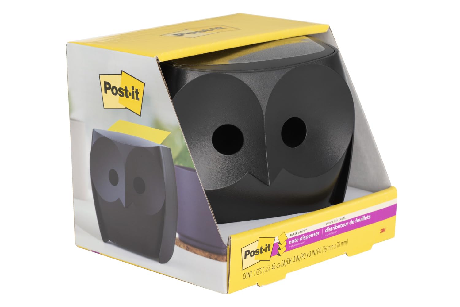 Post-it Z-Notes Dispenser Owl Black + Post-it Super Sticky Z-Notes - 90 Sheets, Pack of 2 Pads, 76 mm x 76 mm - for Convenient One-Hand Dispensing on Your Desk