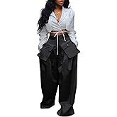 DINGANG High Waisted Wide Leg Cargo Pants Women Flowy Casual Pants with Zippers Pockets