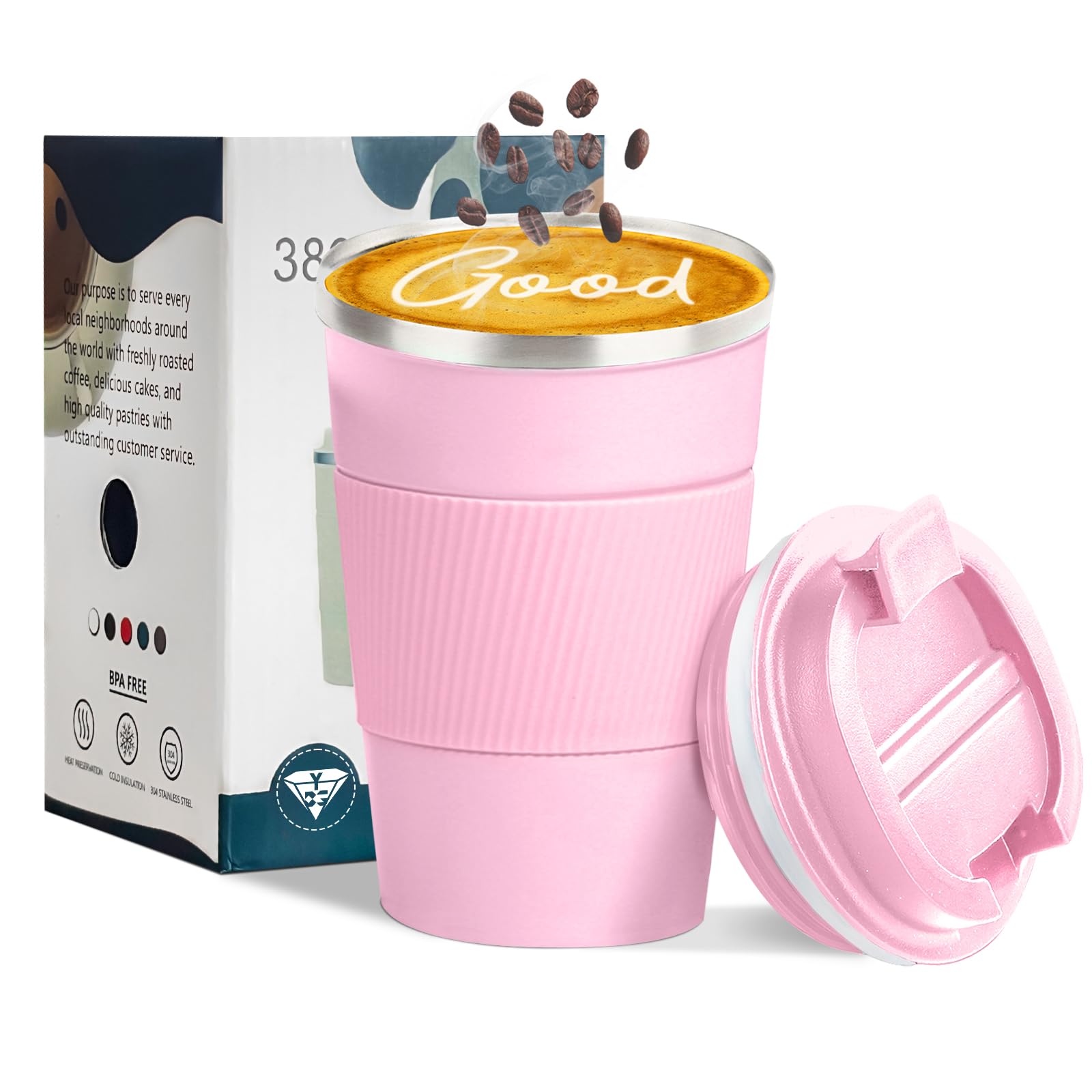 Photo 1 of YINBAOGE Insulated Travel Coffee Mug, Spill & Leak Proof, Portable To Go Camping Stainless Steel Coffee Tumbler, Reusable Thermal Coffee Cup with Lid for Hot & Cold Drinks (Pink, 12 OZ)