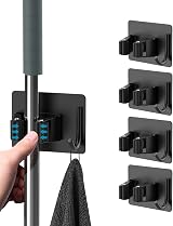 homeasy Mop Broom Holder 4 Pcs Stainless Steel Self Adhesive Wall Mount Black