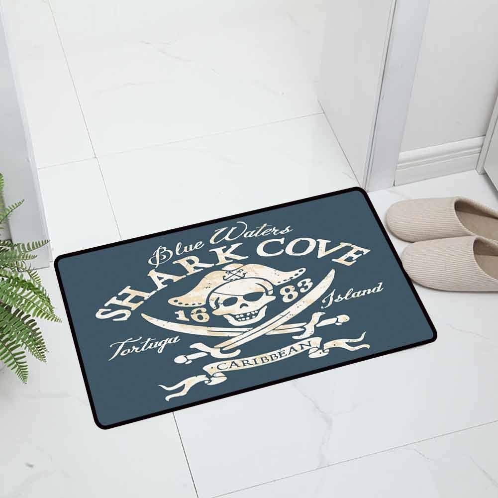 Pirate Indoor Outdoor Floor Mats Kitchen Floor Mat Shark Cove Tortuga Island Caribbean Waters Retro Jolly Roger with Non Slip Backing, 31.5 x 19.5 inch Blue White