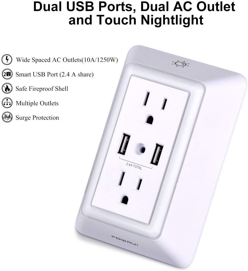 USB Wall Charger, Surge Protector, POWRUI USB Outlet with 2 USB Ports (2.4A Total) and Dusk-to-Dawn Sensor Night Light, 1080Joules, ETL Listed - White (2-Pack): Home Audio & Theater