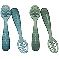 NumNum Baby Spoons Set, Baby Essentials Pre-Spoon GOOtensils for 12+ Months, First Stage Self-Feeding Spoons for Baby Led Weaning (BLW), Silicone Toddler Utensils, BPA-Free, 4 Pack Blue/Green