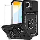 Yodueiv for Redmi 10C Case, Xiaomi Poco C40 Case with Tempered Glass Screen Protector and Slide Camera Cover, Magnetic Ring Car Mount Holder Kickstand Protective Cover for Xiaomi Redmi 10C Black