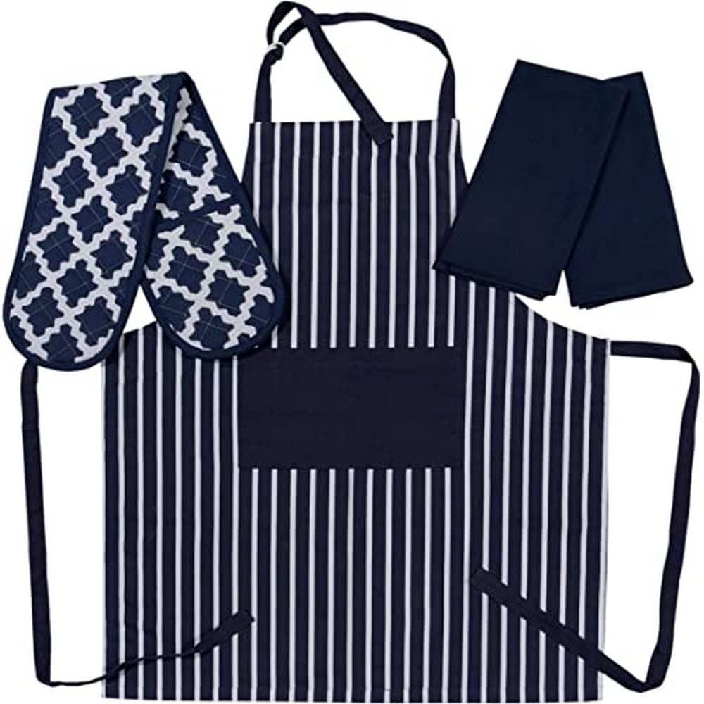 Penguin Home Apron, Double Oven Glove and 2 Kitchen Tea Towels Set -100% Soft, Durable, Heat Resistant & Super Absorbent, Cotton,Colour - Navy/White, (70 X 90 18 X 90 45X 65 cm)