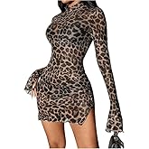MeiliAcshion Women's Rave Dress Leopard Cheetah Sheer Mesh Dress for Women