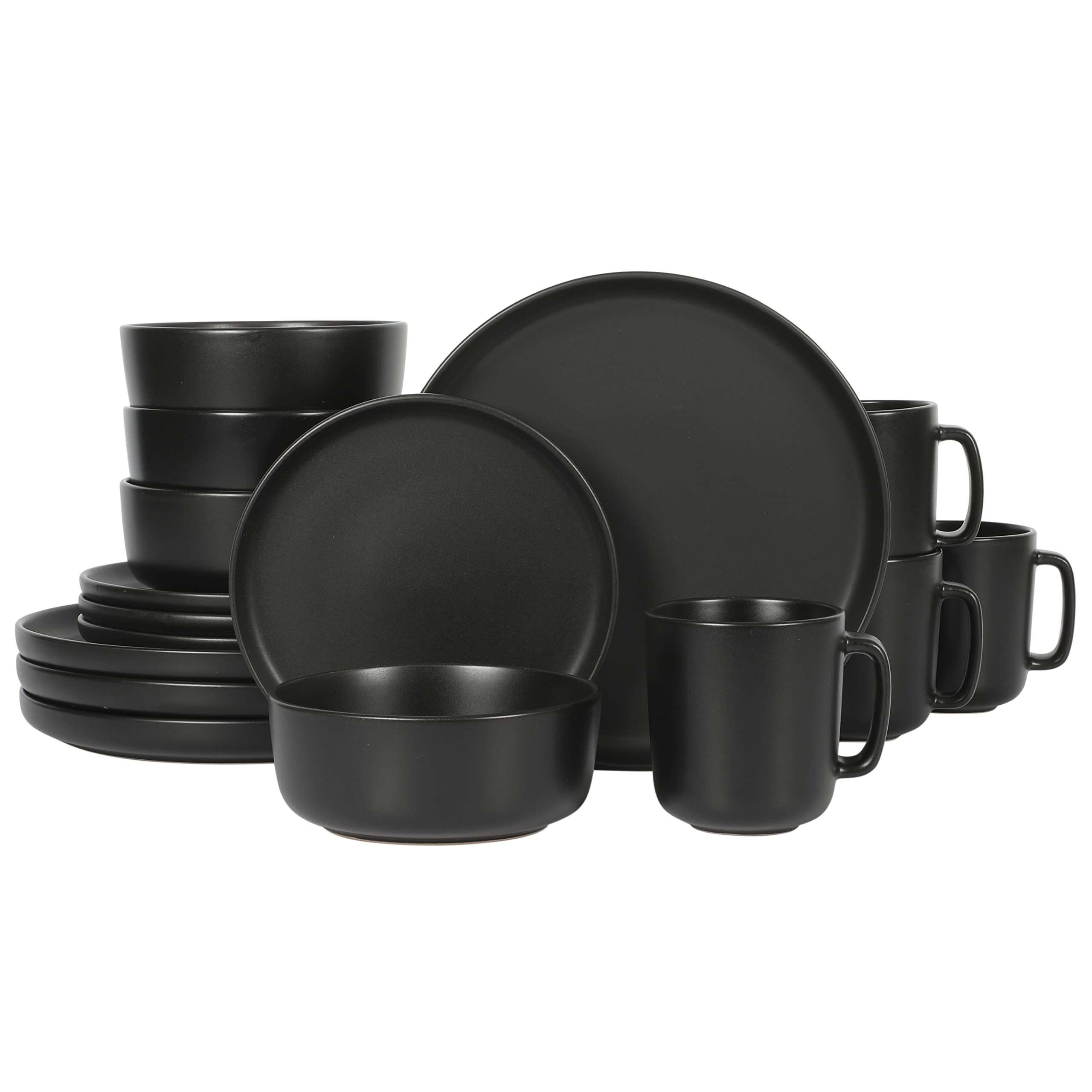 Gibson Home Zuma Stoneware Plates, Bowls, & Mugs Dinnerware Set - Matte Black, Service for Four (16pcs) Image