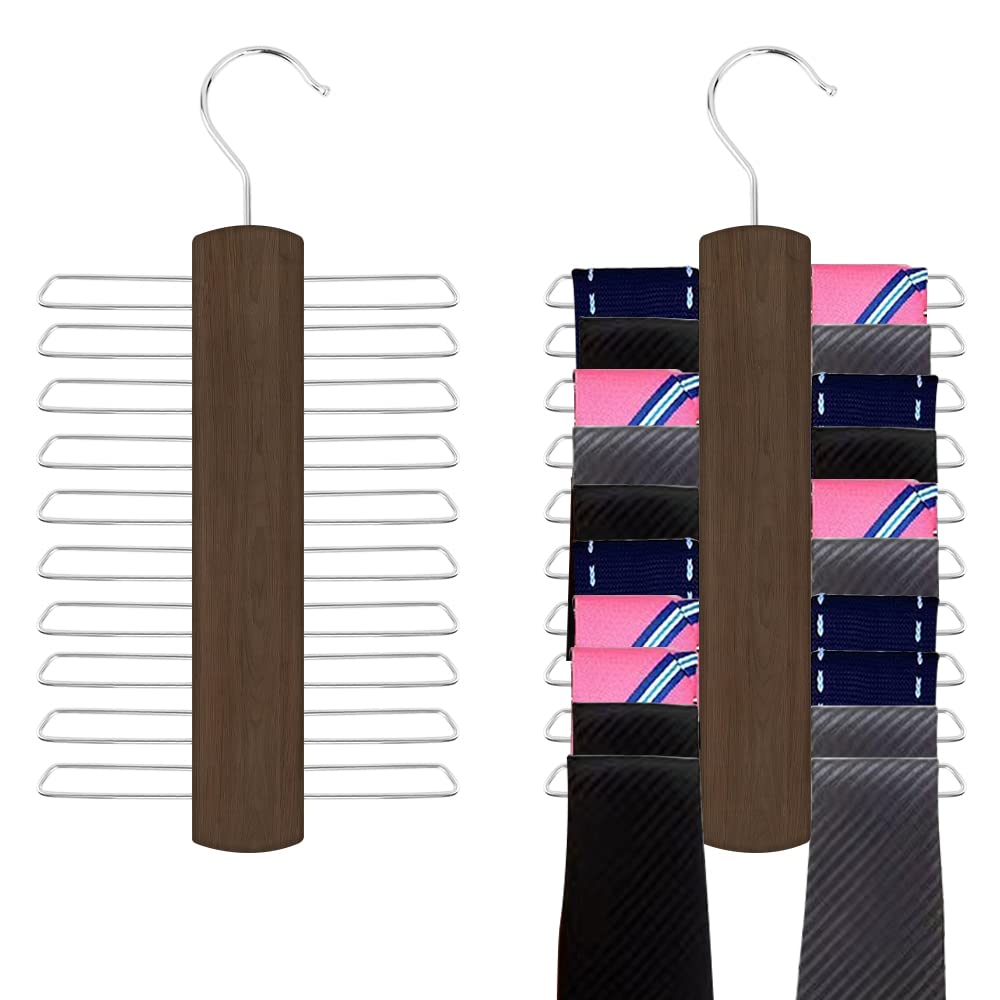 Kaizuca 2 Piece Wooden Tie Hanger, Swivel Tie Racks, Tie Belt Rack, with 20 Metal Partitions and 360 Degree Rotating Clothes Hook, for Hanging Belts, Tie, Scarves, Neckties and More (Walnut Color) — image 1