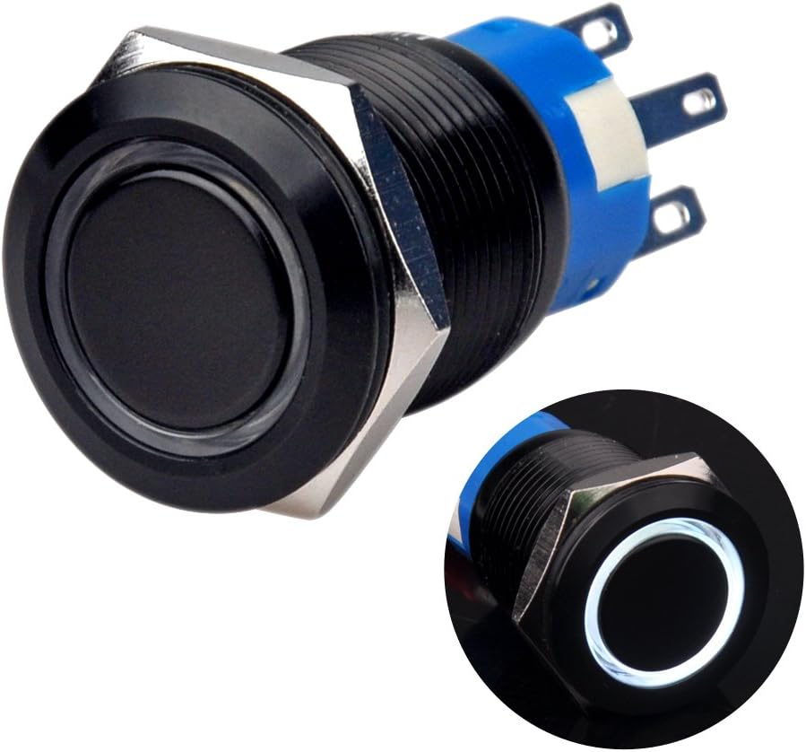 Ulincos Momentary Pushbutton Switch U19C3 1NO1NC Black Metal Shell with 12V White LED Ring Suitable for 19mm 3/4" Mounting Hole (White)