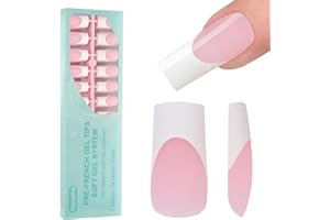 Vansiho French Tip Press on Nails, 150Pcs Long Square Pink Gel Nail Tips, French Square 3 in 1 Pre-French Gel Tips, Fake Nails for Nail Art DIY 15 Sizes