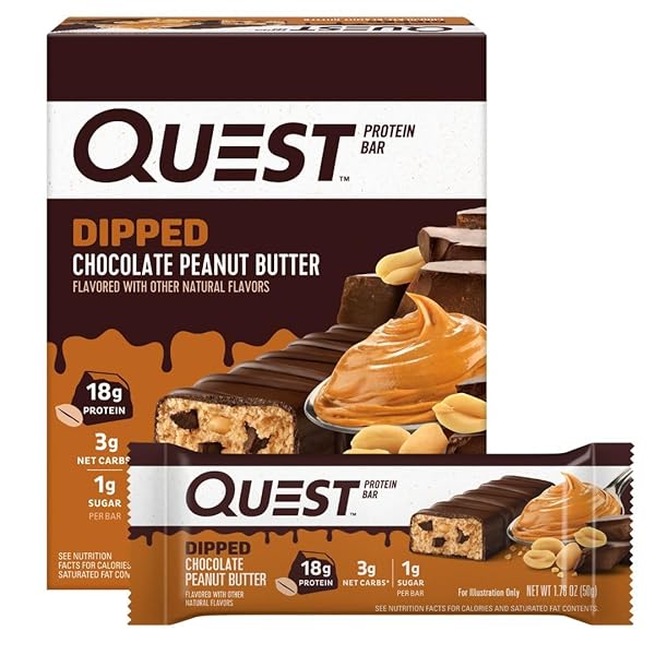 QUEST NUTRITION DIPPED CHOCOLATE PEANUT BUTTER PROTEIN BARS, 18G PROTEIN, 1G SUGAR, 3G NET CARBS, GLUTEN FREE, 4 COUNT