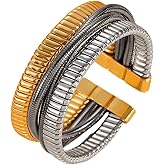 Fyvos Chunky Gold Bangles for Women Striped Snake Bone Chain Wide Wristband Cuff Bangle Punk Hip Hop Bracelet Stackable Layered Open Bracelets Jewelry
