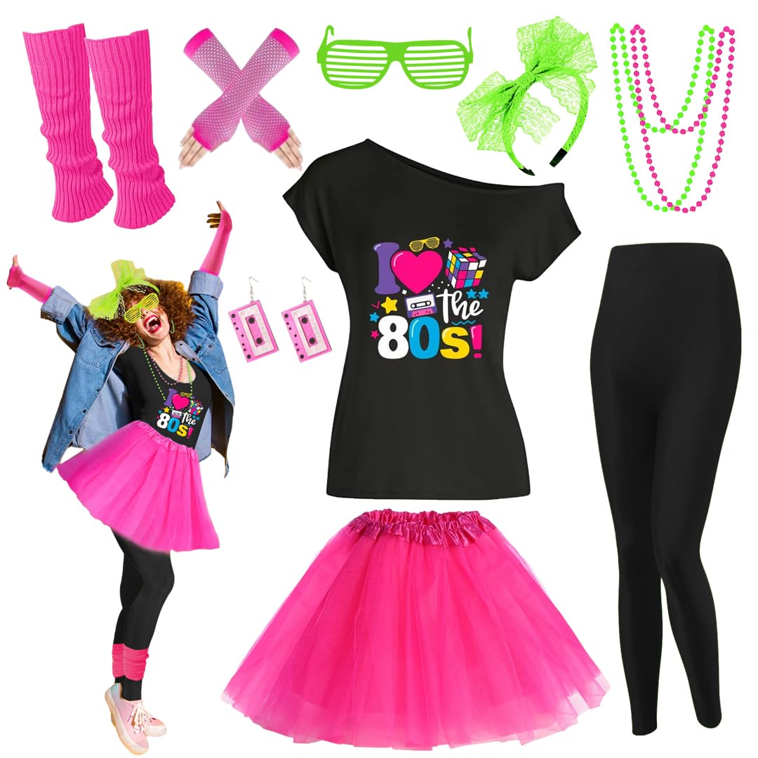 Photo 1 of 80s Outfit Women Costume Accessories Set T Shirt Shorts Tutu Skirt Neno Party Leg Warmers Headband Black