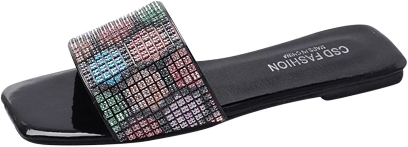 Amazon.com | Summer Ladies Fashion Large Size Color Rhinestone Square Toe Flat Slippers | Athletic
