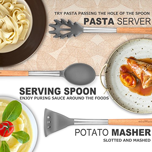 Silicone Kitchen Utensil Set - Godmorn 9 Cooking Utensils Set - Stainless Steel and Wooden Handle Silicone Utensil Set - Silicone Spatula Set Tools for Cooking - Thumbnail 4
