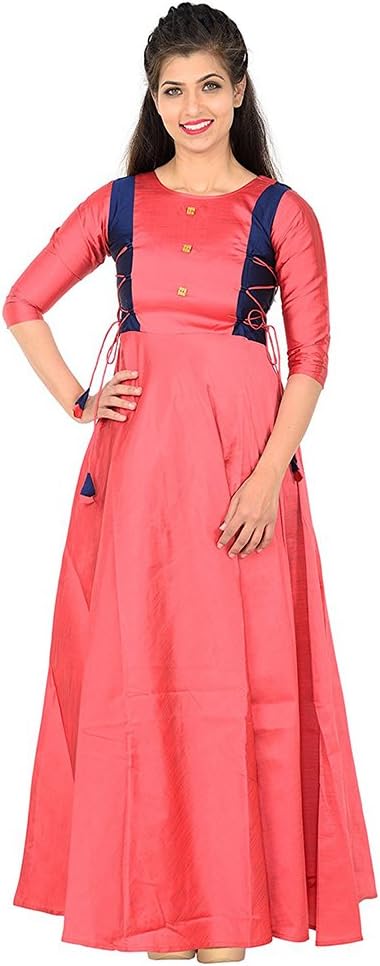 S R Fashion Women's Chiku Multi Blouse Button with Side Less Pattern Stitched Long Gown