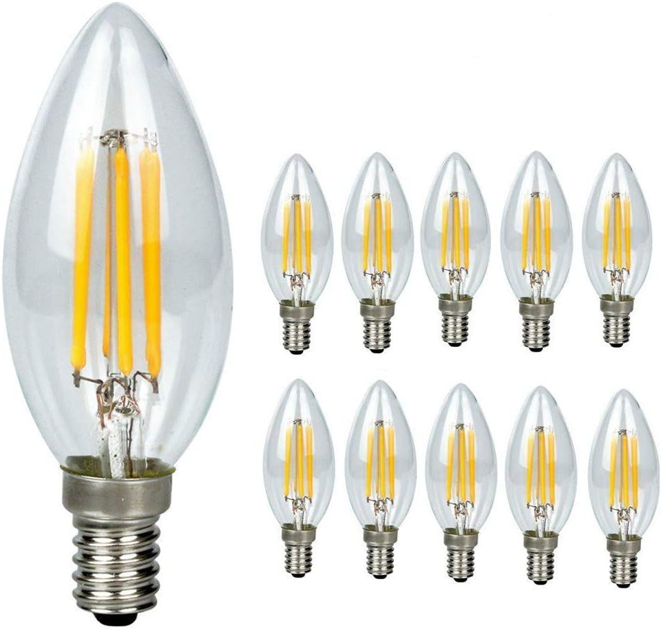 10-Pack E14 LED Candle Filament Bulbs 4W,Warm White 2700K Candelabra E14 SES Bulb,Non-Dimmable, 450Lm, LED Light Bulb, Small Edison Screw Candle Light