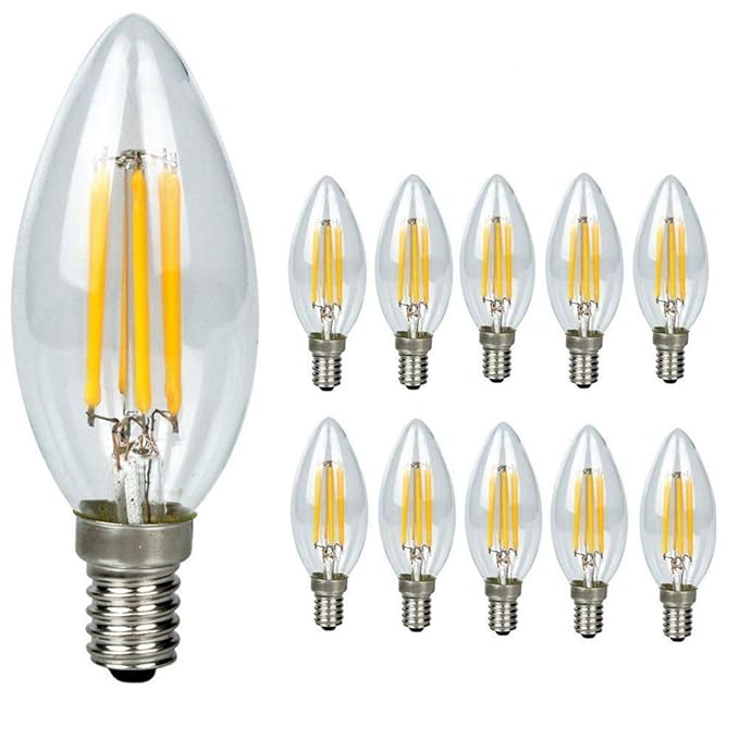 10Pack E14 LED Candle Filament Bulbs 4W,Warm White 2700K Candelabra E14 SES Bulb, 360 Degree