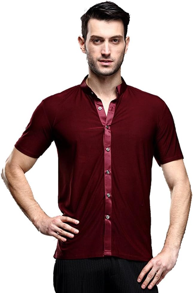 Men Professional Pure Color Stand-Collar Short-Sleeved Modern Dance Latin Ballroom Square Dance Shirts