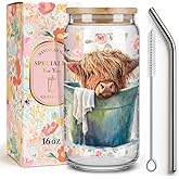 Cute Wildflower Highland Cow Cup Gifts for Women,Highland Cow Lover,Girls,Mom,Sister,Friends,Cowgirls,Christmas, Birthday Gifts Mug Farmhouse Coffee Drinking Glass Cup with Lid and Straw -142