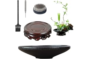 WANDIC Flower Frog Kit, Conical Ikebana Flower Vase with 6cm Ikebana Kenzan Flower Frog and 12cm Wood Base Stand for Flower Arranging Art, Black Spotted