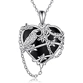 MONGAS Witches Heart Raven Necklace for Women 925 Sterling Silver Raven Pendant Black Heart Necklace Skull Goth Halloween Jewelry for Women Witchy Gifts