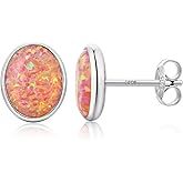 Jiahanzb Opal Stud Earrings for Women Men, 925 Sterling Silver Hypoallergenic Earrings, Round & Oval Bezel Set Created Opal, Multi-Color Jewelry Gift (White/Red/Blue/Green)