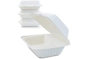 Green Earth 9x6x3 inch, 125-Count, 1-Compartment, Compostable Clamshell, Natural Bagasse (Sugarcane Fiber), Take-Out Food Boxes - Biodegradable Containers, Hinged Lid Microwave-Safe Gluten-Free