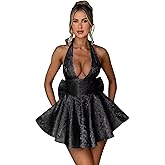 Halter Satin Homecoming Dresses for Teens Jacquard A-Line Short Prom Dress Backless Cocktail Formal Gowns with Bow