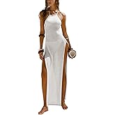 IYICLOTH Women's Swimwear Cover Ups Crochet Knitted Backless High Slit Beach Maxi Dress Coverups
